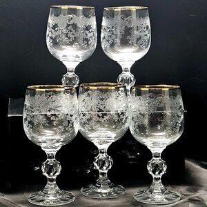 5 Crystalex Queens Lace Wine Glasses 5.75" handblown Bohemia Crystal etched glas